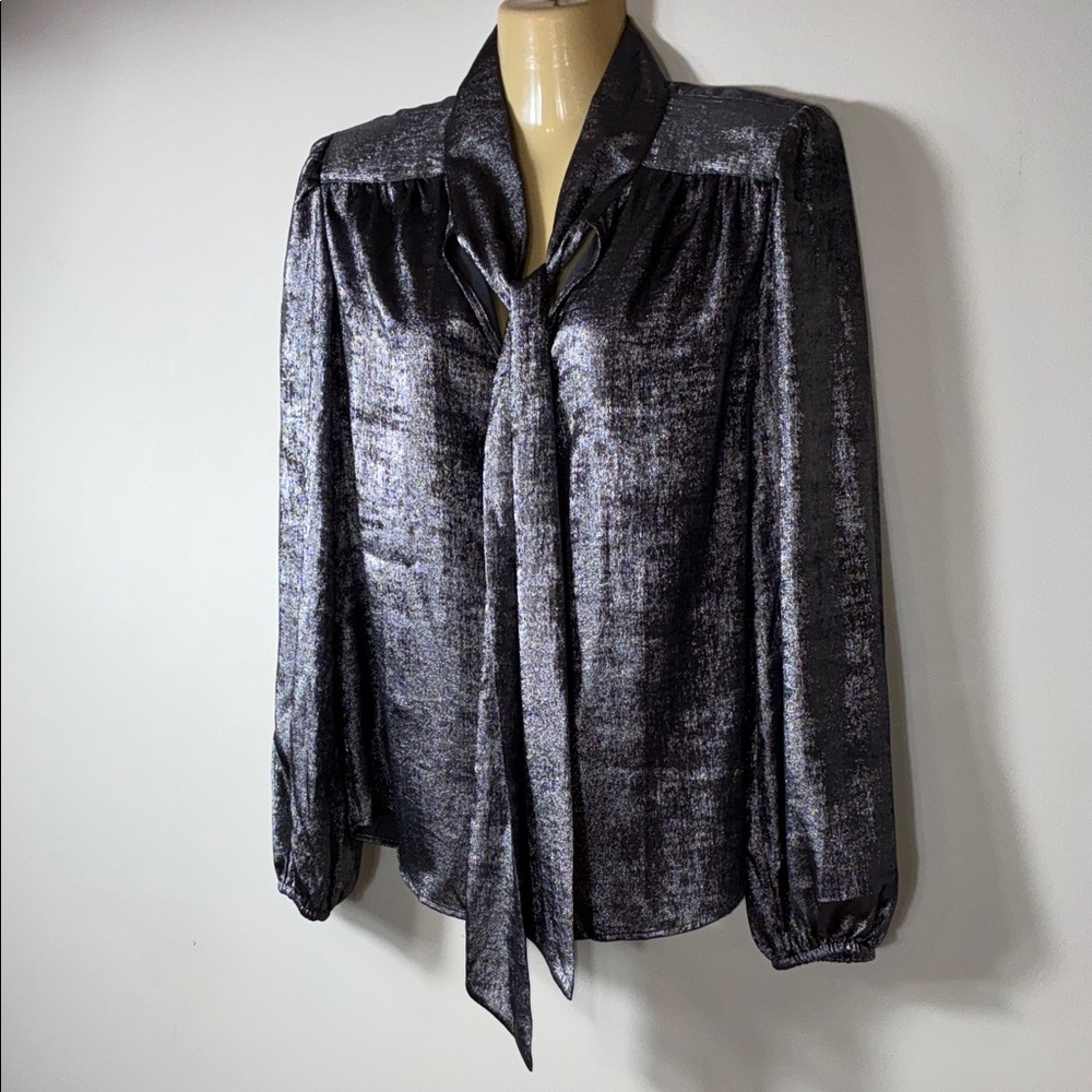 Silver Metallic Small Blouse with Neck tie Like New